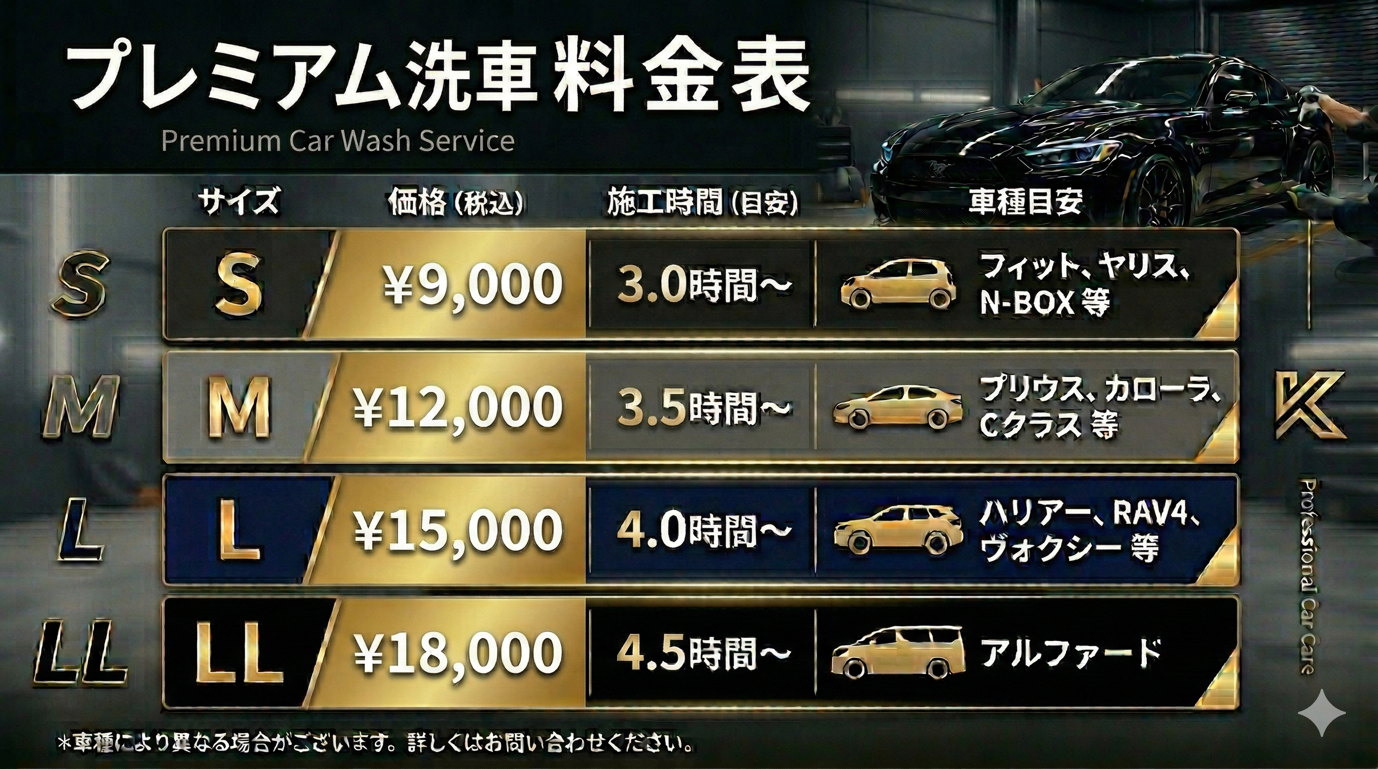 プレミアム洗車料金表